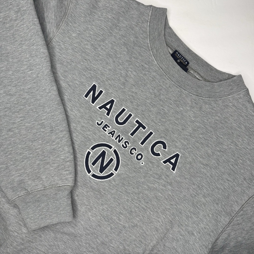 Vintage Nautica Jeans Sweatshirt Mens Medium Gray Navy Crew Neck Embroidered Y2K